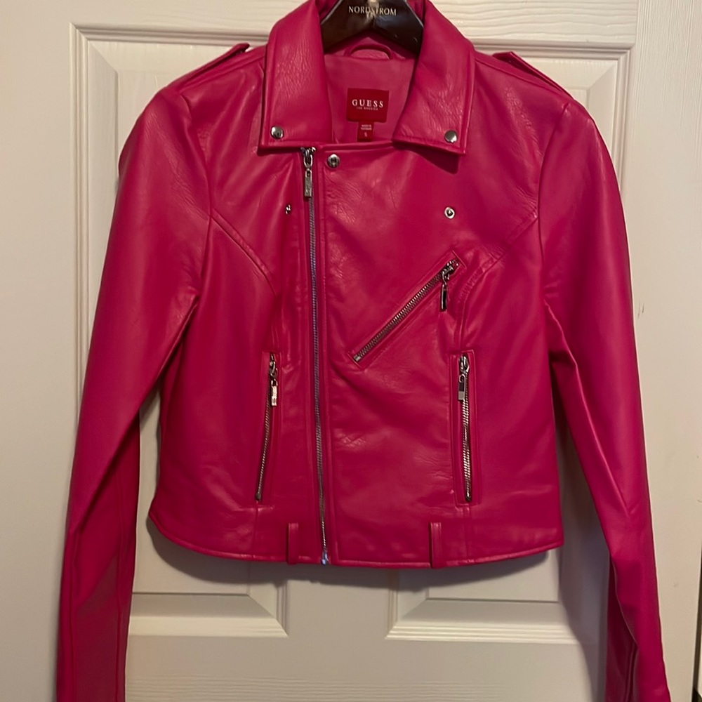 Guess womens hot pink faux leather biker moto jacket